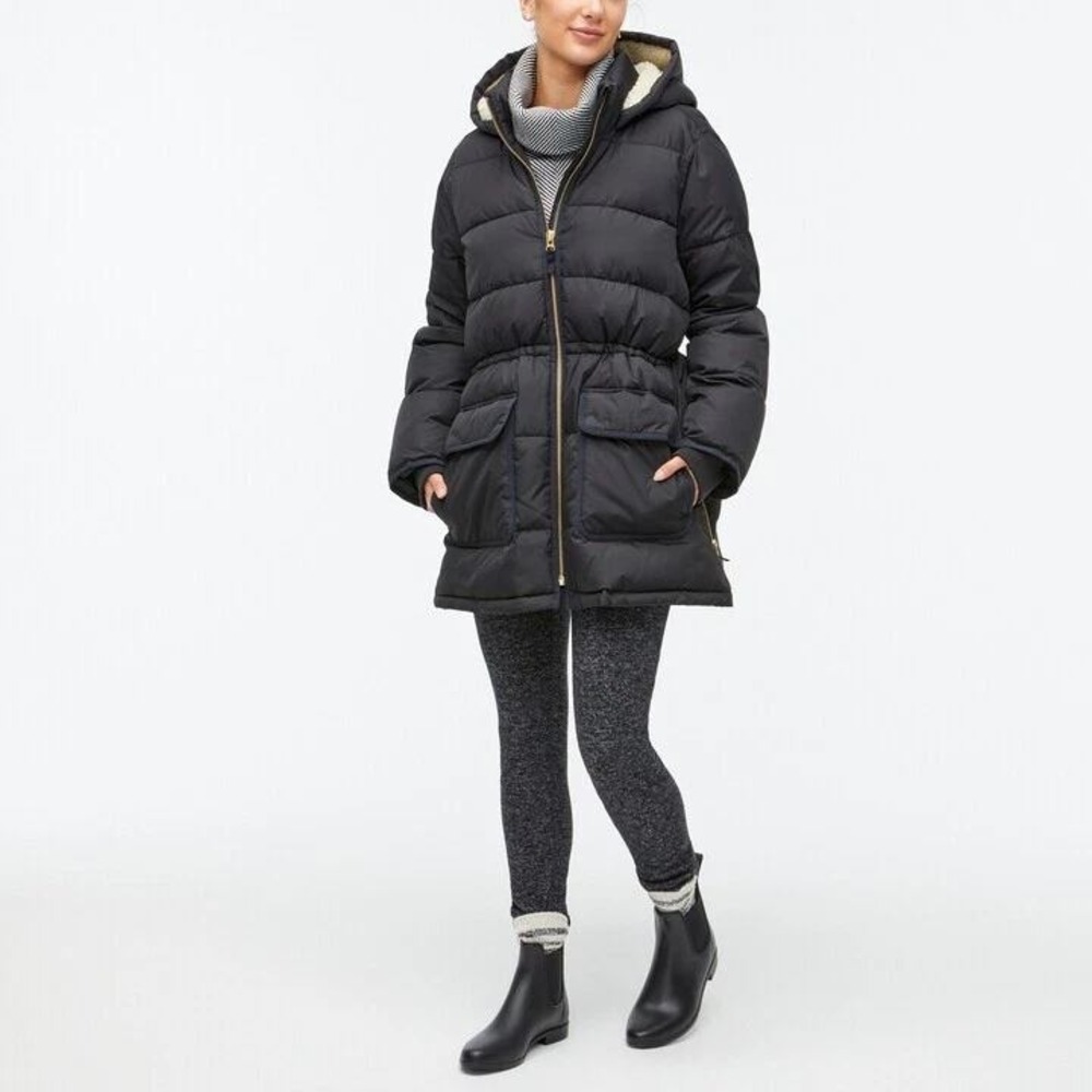 J.Crew Factory Vail Puffer Jacket Faux Fur Trim Hooded Parka Black XSmall